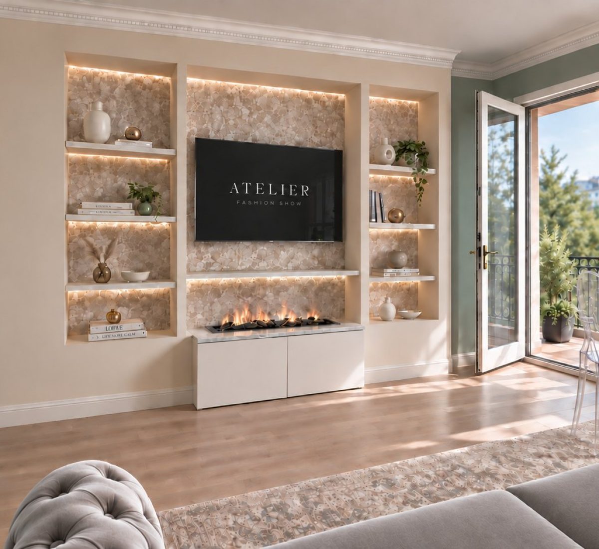 Salon w stylu glamour z zabudową RTV i kominkiem – projekt wnętrza