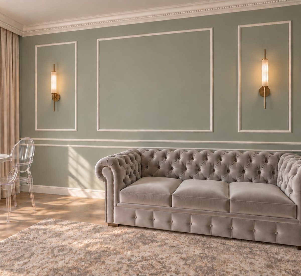 Salon glamour w zieleni z pikowaną sofą – projekt wnętrza